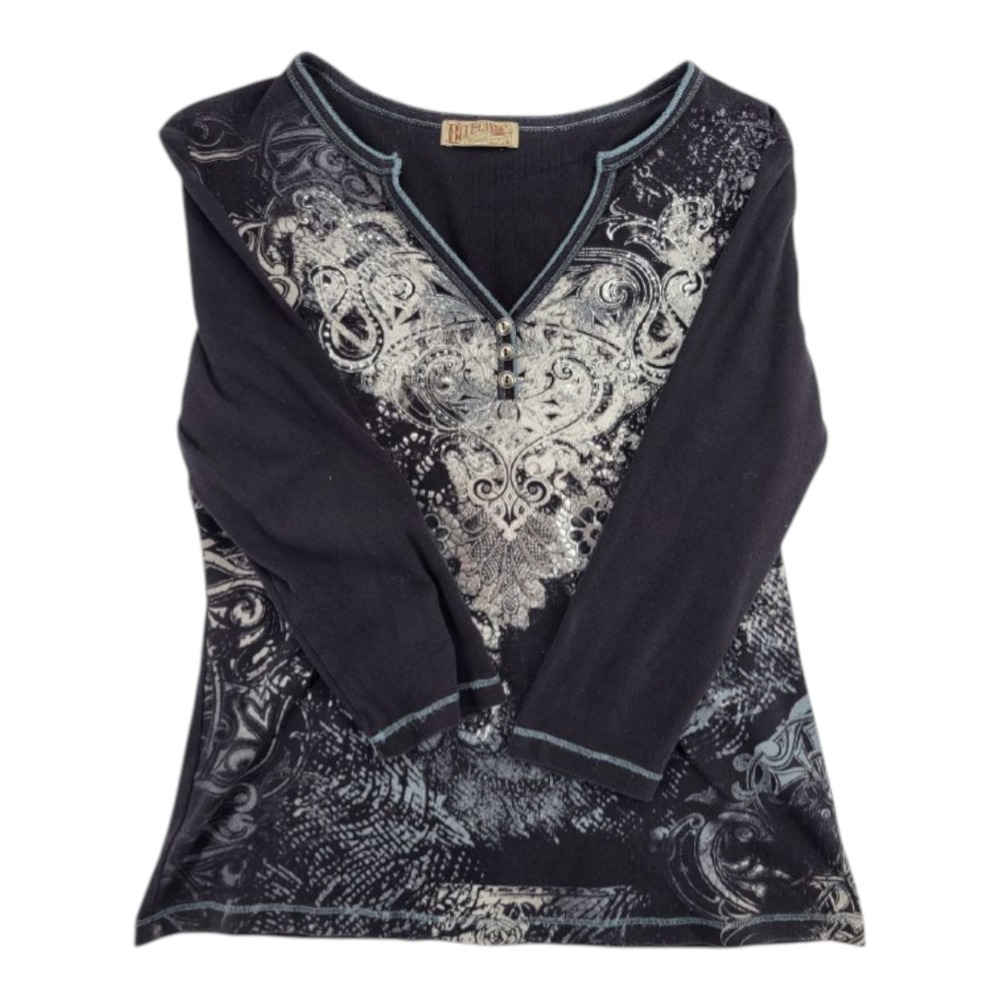 Blue Canyon Clothing Women's Black Scroll Floral Print Henley Top Long Sleeve L